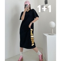 (1+1할인)영문로고미디면라운드원피스 영문레터링나염프린트루즈핏박스핏여성스타일리쉬한봄신상추천빅사이즈체형커버가볍고사이즈편하고넉넉한색감이돋보이는미시룩젊줌마부드러운데일리룩캐쥬얼 이지웨어