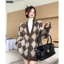 겨울 아가일 체크 브이넥 니트 가디건 나른한 스웨터 코트