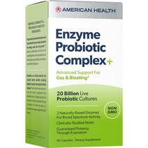 AMERICAN HEALTH ENZYME PROBIOTIC COMPLEX PLUS 200억 개의 미생물 임상적 연구된 균주 가스 및 팽만감, 60카운트, 단색, 수량