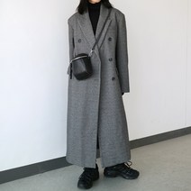 끄레앙 헤링본 울 체크 누빔 롱 맥시 더블 코트