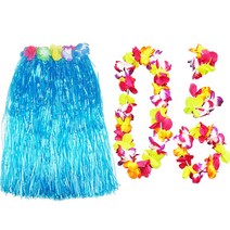 하와이 꽃세트 꽃레이 훌라 치마 스커트 춤 하와이안 무용 의상, 꽃세트+60cm훌라치마(블루)