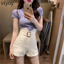 vsyoy 여름 2023 조커 아이스 실크의 새로운 한국어 버전 짧은 소매 기질 스키니 조커 넓은 다리 바지 정장 여성용 조수