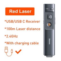 Baseus 무선 발표자 2.4GHz USB 타입 C 빨간 포인터 RF 원격 제어 펜 파워 포인트 PPT 슬라이드 프리젠 테이션용 122831, 검은색