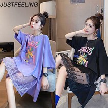여성 레이스 롱티 원피스 빅사이즈 여름 반팔 티셔츠 루즈핏