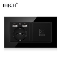 Jhjch-EU 표준 벽 소켓 + 전화 TV 강화 유리 블랙 rj45 cat6 벽 소켓 + 컴퓨터 인터넷 소켓 146*86mm, 12 USB Tel