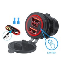 68W 듀얼 QC 3.0 USB 및 PD c형 트리플 소켓 차량용 충전기 12-24V 보트 마린 RV 방수 터치 스위치 포함, 03 PD Red with wire
