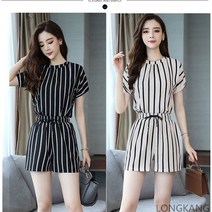 LONGKANG 줄무늬 패션 상하의세트 반팔티 셔츠 시원한세트 투피스 반바지 팬츠 스트라이프 직장 캐주얼 출근룩 여성 밴딩