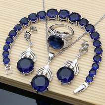 블루 사파이어 보석 보석 세트 925 실버 바늘 귀걸이 반지 고급 여성 보석 신부 목걸이 세트 드롭 배송|Jewelry Sets|