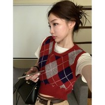 가을 여름 2023 대학 스타일 복고풍 마름모 조끼 숙녀 슬림 민소매 조끼 탑의 새로운 한국어 버전
