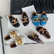 예니브여성 둥근코 골드 빅체인 비치 뮬 슬리퍼 블로퍼