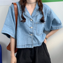 나루니 W05599 데님셔츠 자켓형 여성반팔셔츠 캐주얼 빈티지 연청
