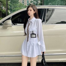 496887 여성 데일리 원피스 봄 여름 순수한 스타일 흰색 긴팔 셔츠 드레스 가을 틈새 코디 디자인 감각 날씬해보이는 A 라인 스커트