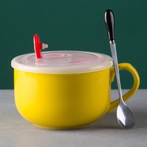 다용도 대형 머그잔 750ml 덮개 스푼 포함 사무실 머그컵 야근 인싸템 라면 물컵 시리얼 오트밀 인스턴트 식품 국수 우유, 옐로우