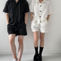 남자 여자 커플 배색 스티치 일자 무지 밴딩 반바지