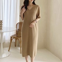 브이와이 여자 울 캐시미어 브이넥 반팔 롱 원피스