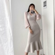 여자 머메이드 여신 브이넥 셔링 긴팔 하객룩 원피스