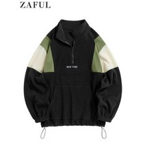 방한 겨울 터틀넥 ZAFUL남성용 후드티 푹신한 폴라 플리스 스웨터 뉴욕 자수 후드 풀오버 컬러 블록 지퍼 스웨트