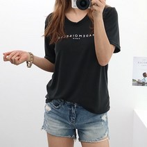 여성 마드 모달 유넥 반팔 티 레터링 검정 여름 봄 티셔츠