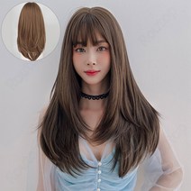 Routop 여성 가발 긴발 잔머리 디자인 머리둘레 조절 가능 무광 머릿결 가발망 거치대 세트 헤어핀 빗 포함 65CM, 갈색