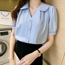 심플반팔셔츠 솔리드 무지 벌룬소매 브이넥 상의 디자인감각 보이핏 볼륨 와이셔츠 플랫카라 실크블라우스 4821990982