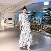 쉬폰 허리 스트링 롱원피스 프렌치 빈티지 도트 롱스커트 여름 브이넥 꽃잎 슬리브