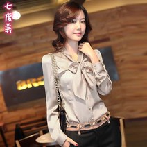 리본블라우스 왕리본블라우스 하객 봄 라인 리본 블라우스 Bowknot shirt 여성용 긴팔 가을 쉬폰 실크 플러스 벨벳 셔츠 외국 스타일 탑