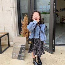 유블리 여아 프릴 빅카라 데님 플라워 원피스 패턴 자켓 투피스 세트