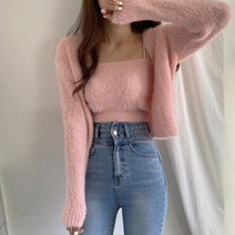 크롭 가디건 자켓 코디 sweet 2piece sets 한 방수 밍크 핑크 자른 카디건
