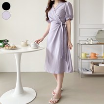가비진 여성용 A라인 브이넥 소매 퍼프 랩 롱원피스 스커트 치마