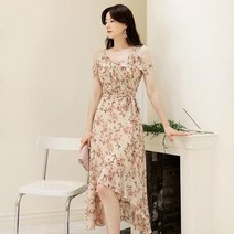시크라인 프릴 오프 숄더 언발란스 쉬폰 원피스