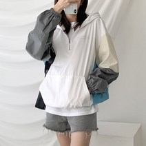 코디제이 여자 점퍼 삼배색후드아노락 바람막이 후드티 남녀공용 빅사이즈 스트릿 오버핏