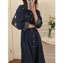 데님 봄 여름 긴팔 롱 셔츠 랩 원피스 드레스 청 무릎길이 배색 단추 끈 벨트
