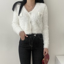 VANANA2 여성 골드 버튼 포인트 부들부들 퍼 크롭 브이 가디건