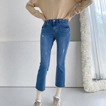 브이와이 여자 찢청 스키니 부츠컷 8부 스판 나팔 데님팬츠