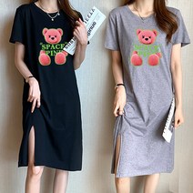 스타일아유 여성 반팔 롱 원피스 곰 도안 프린트 원피스