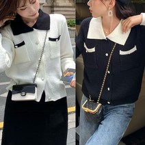 진주 단추 배색 카라 여성 니트 가디건 크롭 티 긴팔