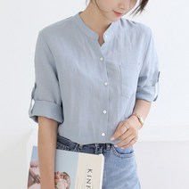 빼빼 여성용 린넨 100% 차이나넥 소매롤업 7부 셔츠 블라우스