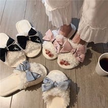 양털 리본 큐빅 슬리퍼 뽀글이 실내화 공주풍 층간소음화 거실화 집들이선물, 블랙