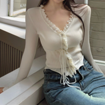 비비드민트 슬림핏 하링 브이넥 스트링 리본 크롭 가디건