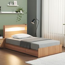 젠티스 LED 3단 멀티수납 평상형 슈퍼싱글 퀸 침대프레임 (매트선택), B. 브루노 (오크)