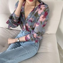 여성 카라 화려한 블라우스 꽃 무늬 쉬폰 셔츠 퍼플