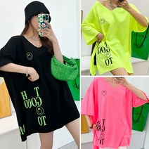러브포텐 여성 루즈핏 브이넥 박스 반팔티셔츠 스마일 레터링 컷팅 옆트임 롱티 빅사이즈 형광 반팔티 롱티셔츠