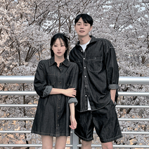 Urban 스티치 데님 시밀러 (2color) #181청 데님 원피스 반팔 긴팔 셔츠 커플 시밀러 데일리 유니섹스 남여공용 빅사이즈 오버핏 데이트 룩