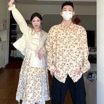 RM 커플시밀러룩 커플룩 둥근카라 배색 블라우스 리본묶음 언발란스 레이어드 치마 잔꽃무늬 카라 긴팔 셔츠