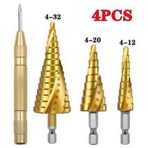 hss 티타늄 코발트 센터 펀치 HSS-티타늄 코팅 스텝 드릴 비트 세트 4-12 4-20 4-32mm 퀵 체인지 나선형 그루브 콘 및 자동 3 개, [01] Spiral 4pcs