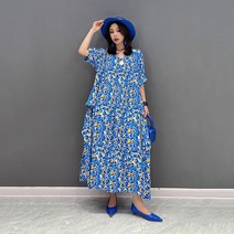 XITAO 트렌디한 프린트 원피스 루즈핏 빈티지 심플한 V넥 분위기 작은 꽃 원피스 여름 캐주얼 여성복 WLD8597