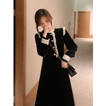 가을겨울 프랑스식 헵번 풍의 독특하고 고급스러운 느낌의 벨벳 원피스 자년회 드레스