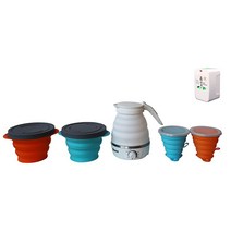 휴대용 접이식 전기 여행용 주전자 650ML/22온스 화이트 접이식 컵 2개와 접이식 커피 드리퍼 1개 범용 여행용 어댑터 및 드로스트링 보관 가방, With 2 Cups and 2 Bowls