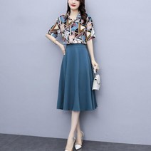새로이 K5SNH2AV 여성 여름 반팔 블라우스 플래어 스커트 투피스 세트