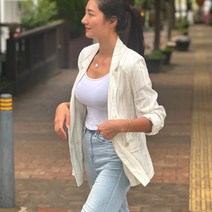 윈썸코리아 여성 간절기 여름 박스핏 스트라이프 화이트 린넨 자켓